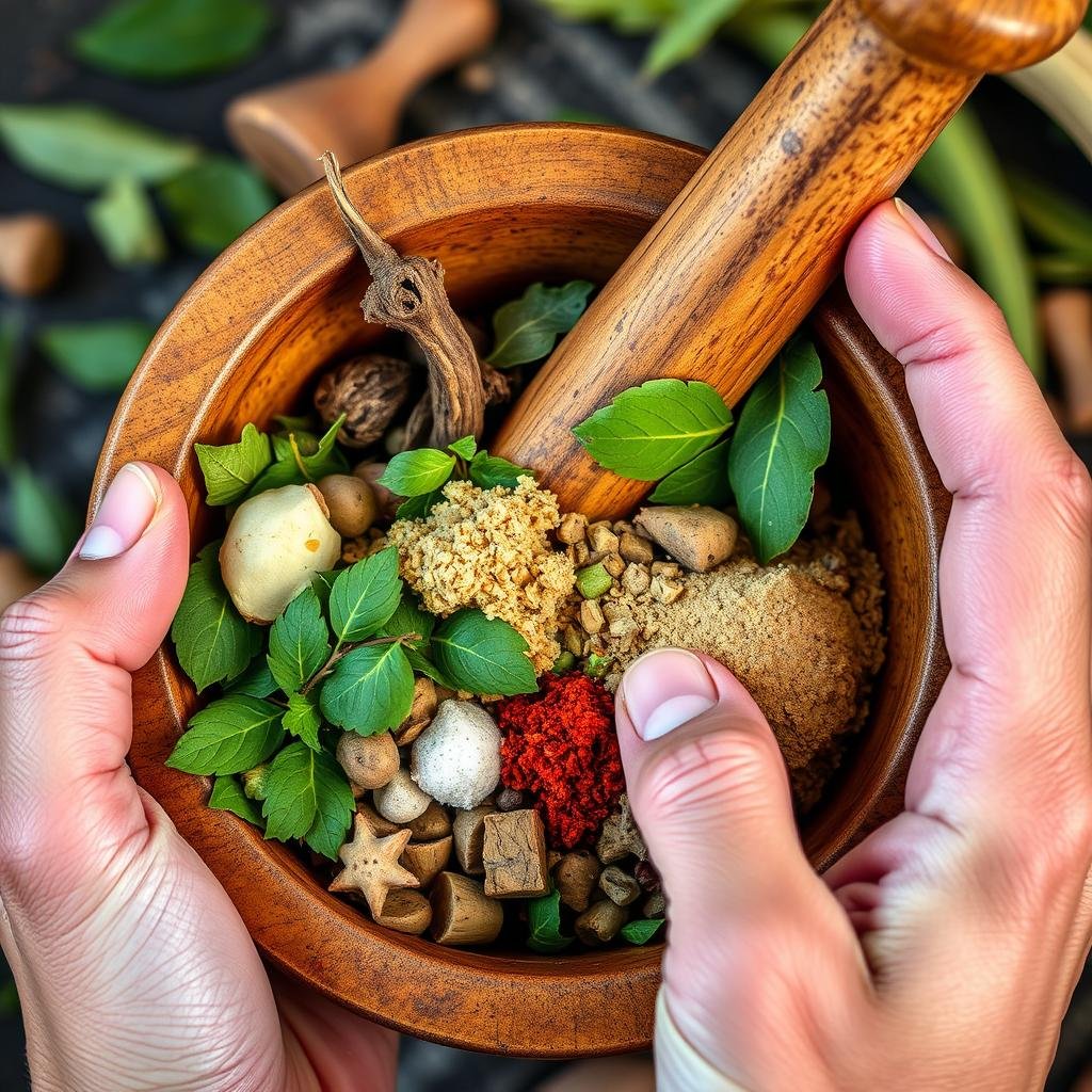 A witch doctor preparing herbal medicine from natural ingredients