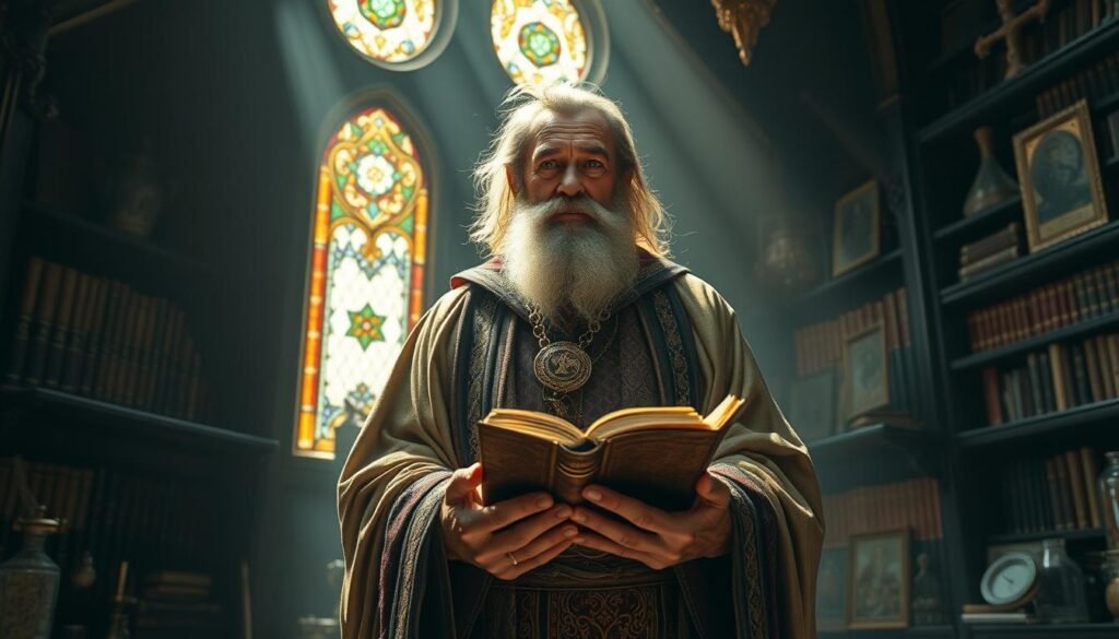 A wizened and experienced spellcaster, Dr Kabonge, stands tall and proud, his regal robes flowing gently in a soft breeze. Sunlight filters through stained glass windows, casting a warm, ethereal glow upon his weathered face. In his gnarled hands, he holds a ancient tome, its pages filled with arcane knowledge. An aura of mysticism and power surrounds him, hinting at the depths of his magical abilities. The background is a dimly lit chamber, filled with shelves of rare and esoteric tomes, alchemical apparatus, and other artifacts of the occult. The scene conveys a sense of reverence and respect for this renowned love spell specialist from Kenya.