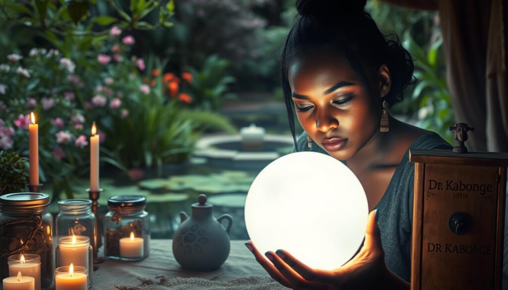 A woman concentrating over a small altar with a crystal ball, candles, and jars of herbs, suggesting meditation and ritual for emotional healing