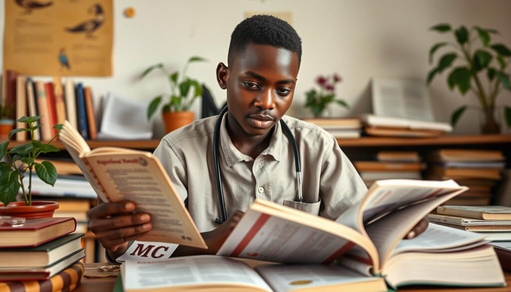 A young Ugandan studying both traditional healing texts and modern medical books
