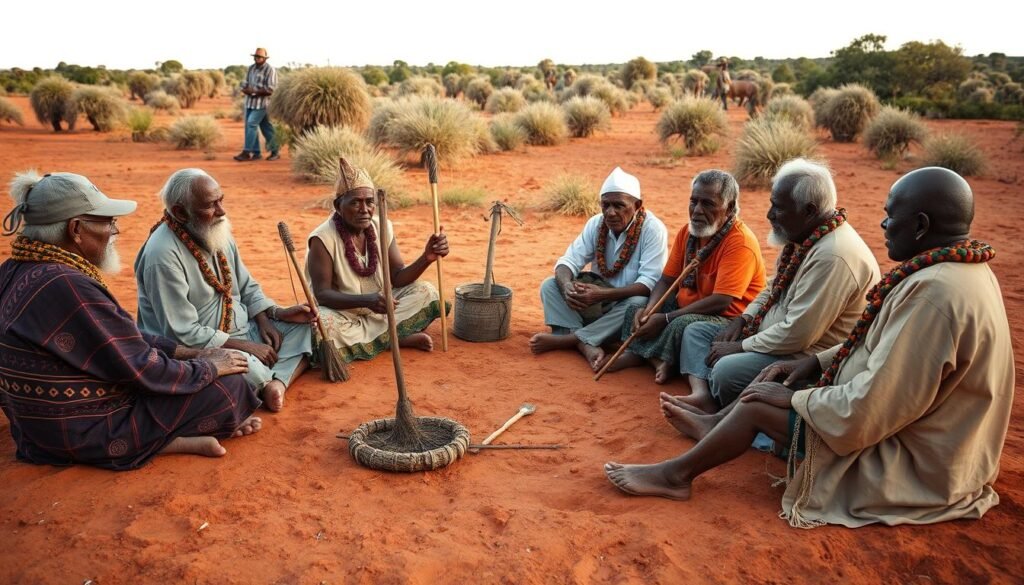Aboriginal elders conducting a traditional land dispute resolution ceremony in Australia