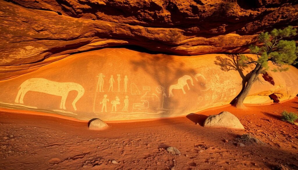 Aboriginal rock art depicting connection to country and spiritual practices, with respect to Indigenous Australian traditions when considering a Love Spell to Return your Ex in Australia