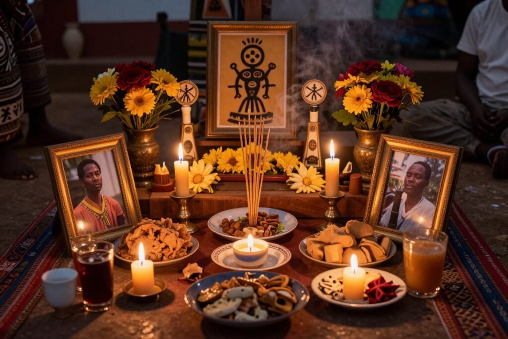 African ancestral altar with candles and offerings for business success