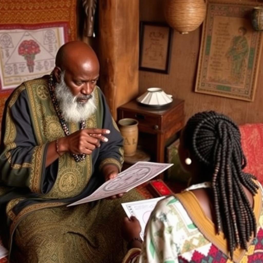 African healer explaining spiritual diagnosis and recommended rituals to a client