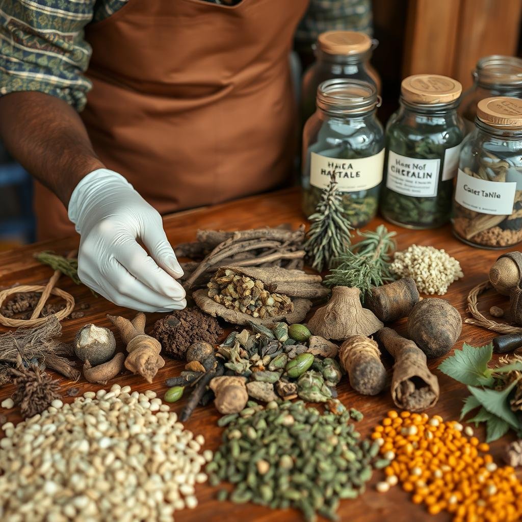 African herbalist in Boston organizing medicinal herbs and roots