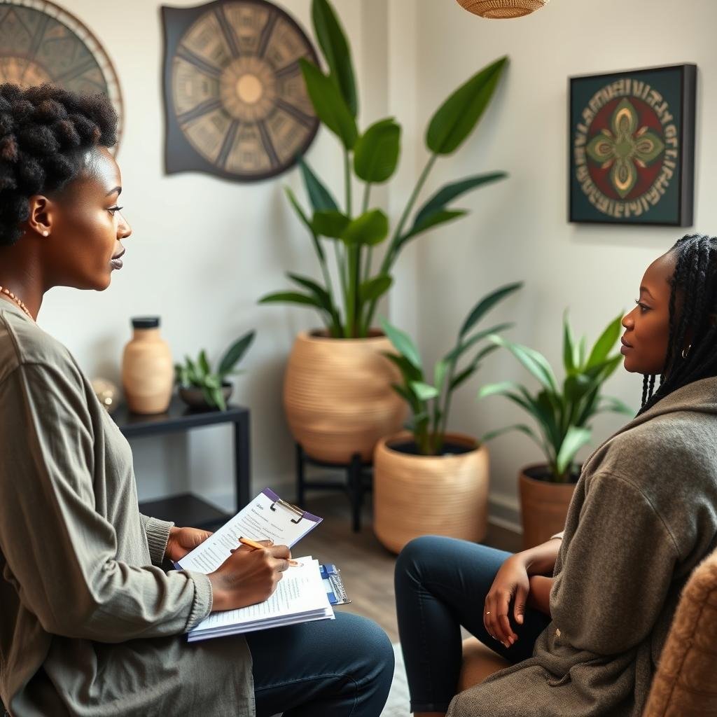 African holistic healer in Boston consulting with a client