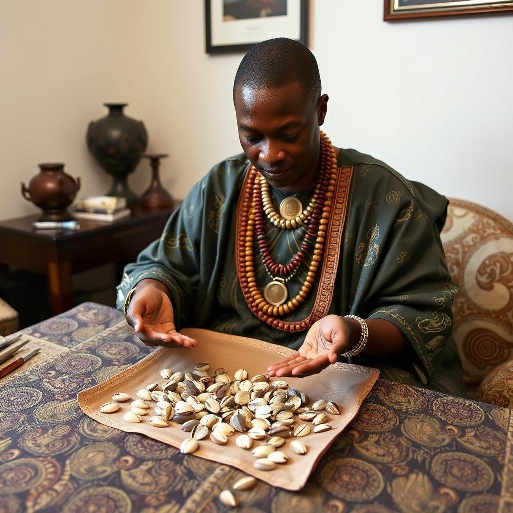 African spiritual diviner in Boston performing a divination ritual with cowrie shells