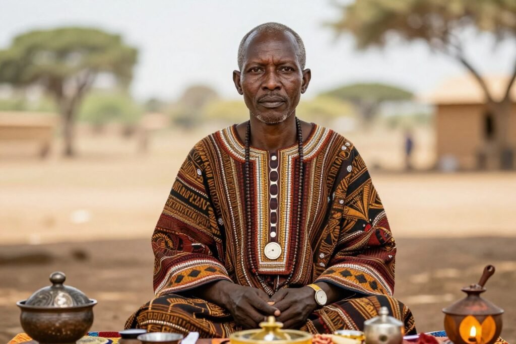 African spiritual practitioner Dr Kabonge with traditional ritual instruments