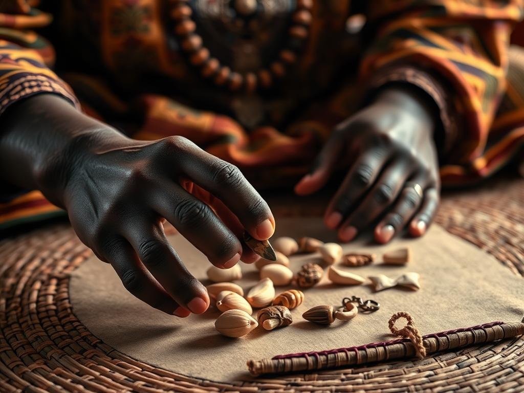 African spiritual psychic performing a divination ritual with traditional tools