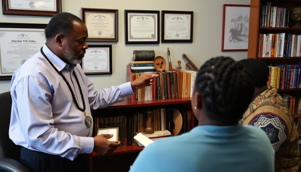 African traditional healer in Boston showing credentials and authentic healing tools to a client