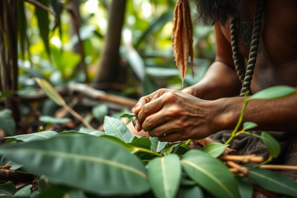 Amazonian native healer working with medicinal plants in the rainforest