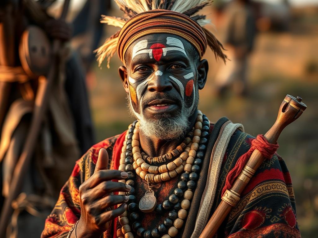 An African traditional healer with ceremonial face paint and attire