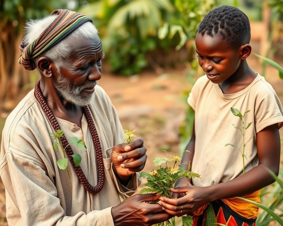 An elder witch doctor training a young apprentice in Uganda