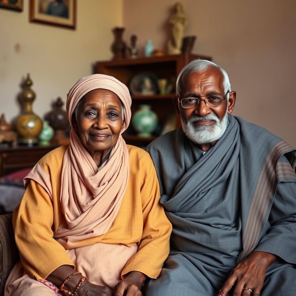 An elderly Sudanese couple sharing their long marriage experience