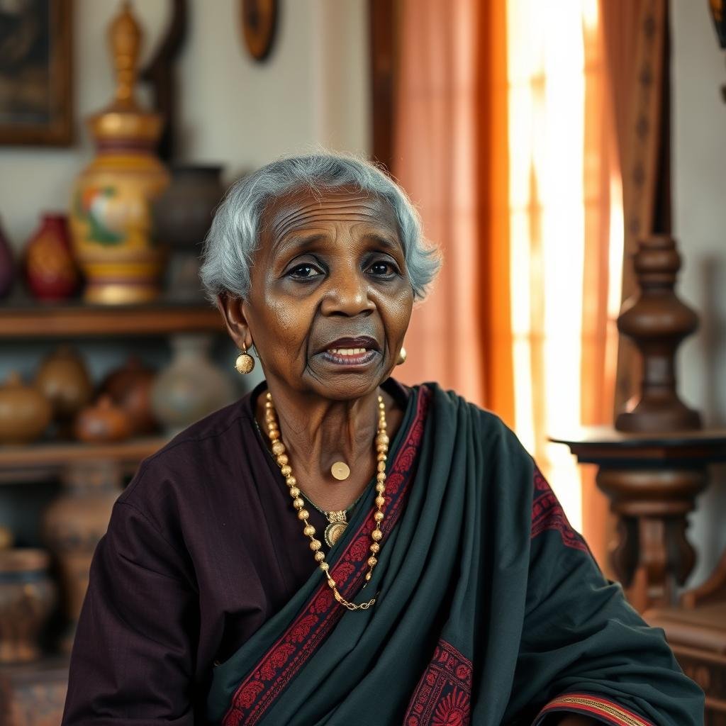An elderly Sudanese woman sharing wisdom about traditional practices