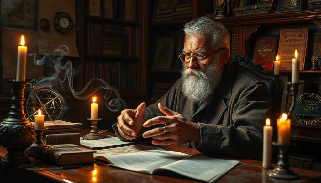 An experienced spellcaster, Dr Kabonge, sits at a mahogany desk, surrounded by ancient tomes and arcane artifacts. Candlelight casts a warm, mystical glow, illuminating the intricate rituals and symbols adorning the space. Incense wisps drift through the air, creating an atmosphere of deep contemplation. The spellcaster's weathered hands gracefully manipulate mystical components, weaving a powerful love spell with focused intent. The scene exudes a sense of wisdom, expertise, and the transformative potential of the occult.