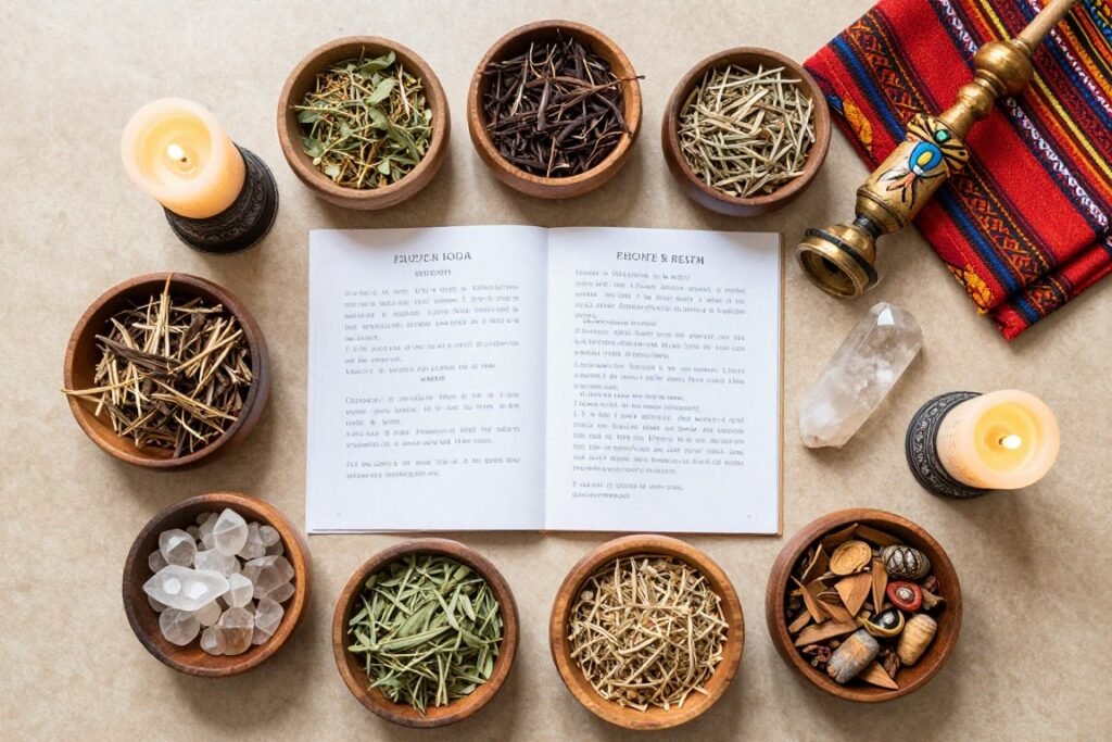 Array of traditional spell casting materials including herbs, crystals, and sacred items