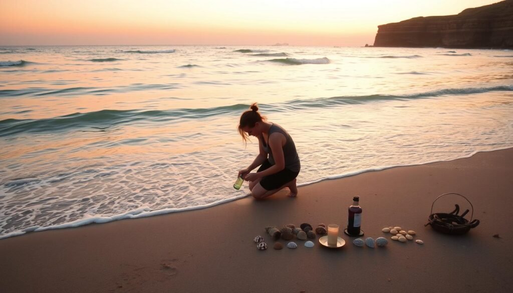 Australian beach at sunrise with a person performing the Ocean Tides Reconnection Ritual by the shoreline for a Love Spell to Return your Ex in Australia