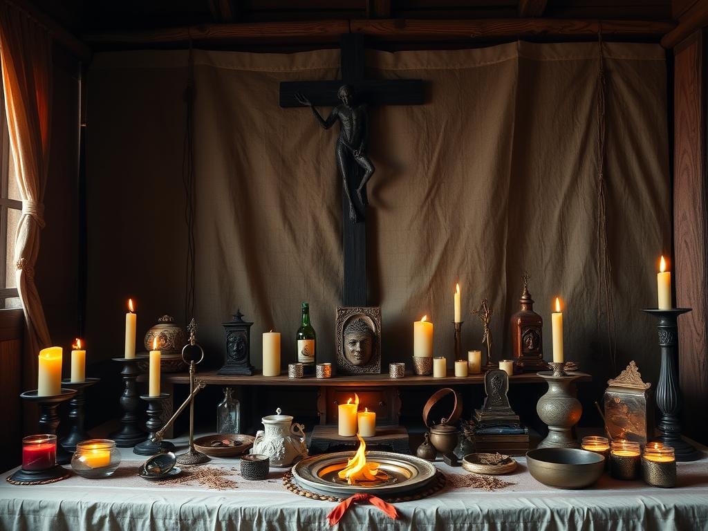 Authentic Voodoo altar with candles, offerings and spiritual ritual items