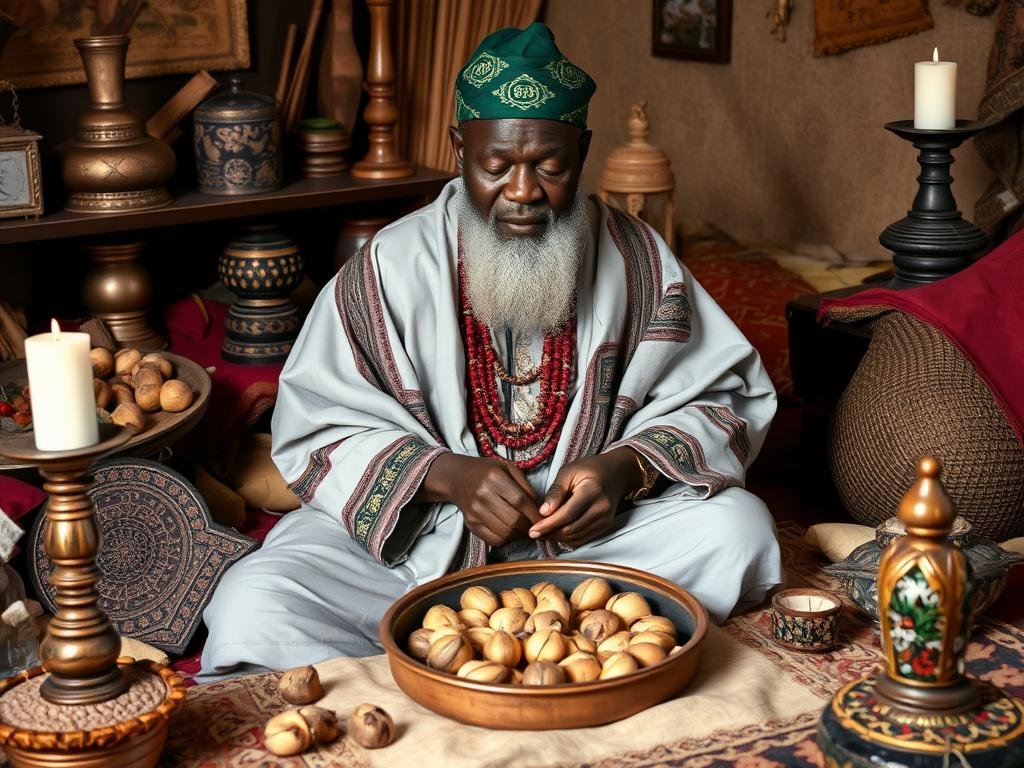 Babalawo Adebayo Olatunji consulting the Ifa oracle for marriage guidance