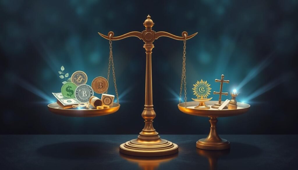 Balanced scales with money and ethical symbols, representing ethical money spell practices