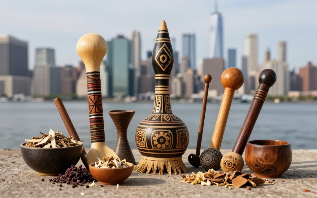 Blend of traditional African spiritual items with modern urban background