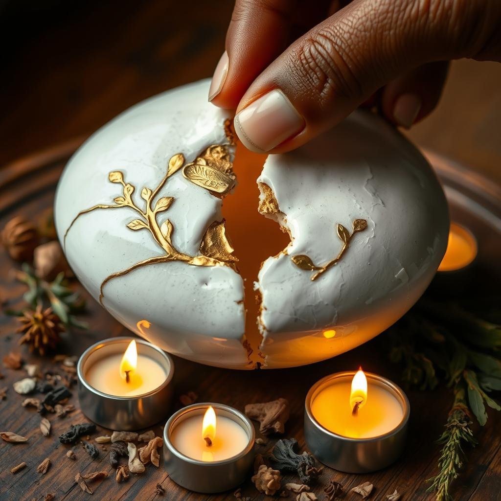Broken item being repaired with gold, symbolizing relationship healing