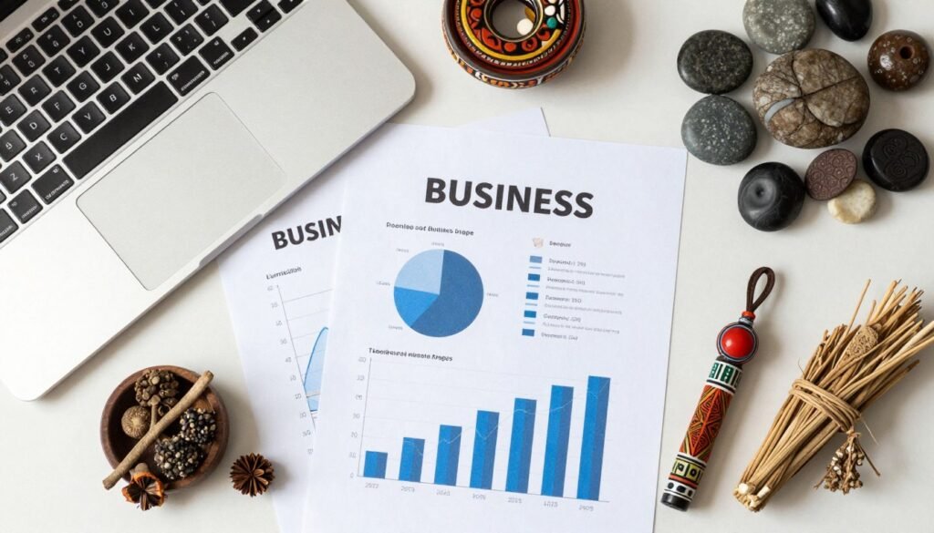 Business strategy documents alongside traditional spiritual ritual objects