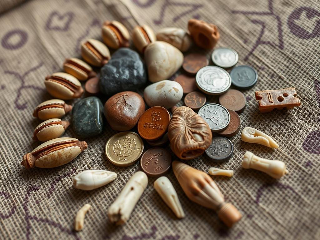 Close-up of traditional divination tools used by Dr Kabonge including shells, bones and special objects