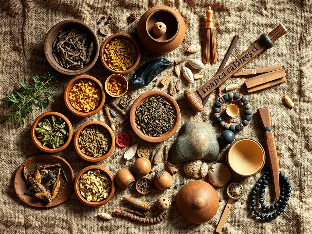 Collection of African traditional healing herbs and tools used by healers in Boston