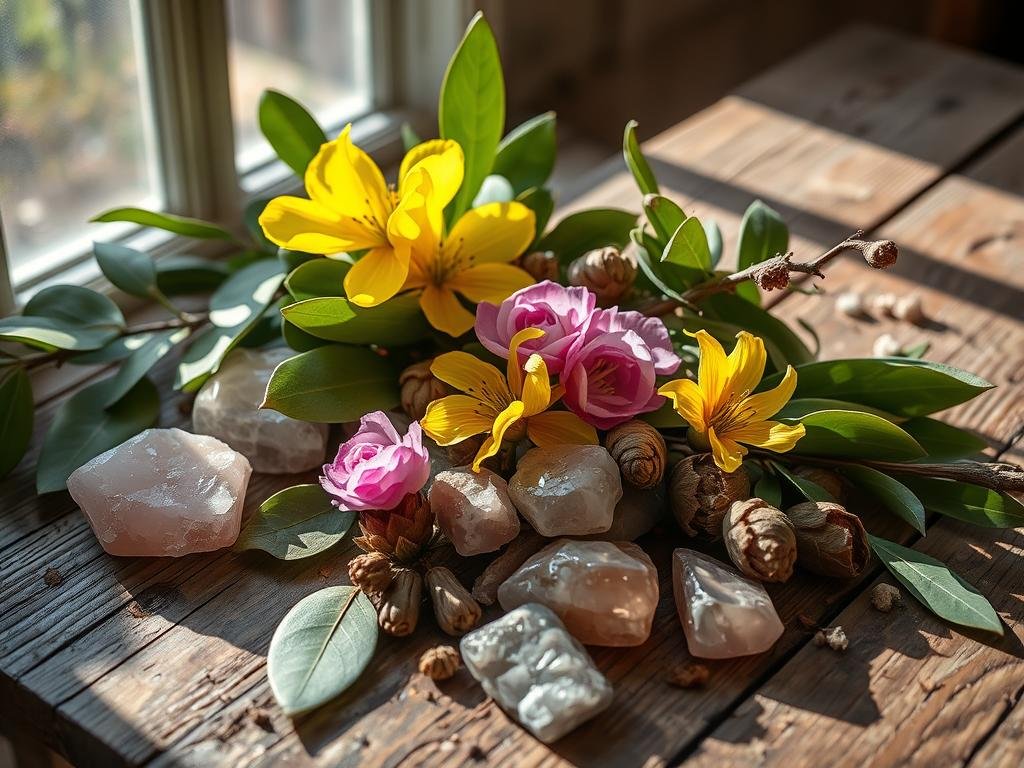 Collection of Australian native ingredients for love spells including eucalyptus leaves, wattle flowers, and rose quartz crystals arranged on a wooden table for a Love Spell to Return your Ex in Australia