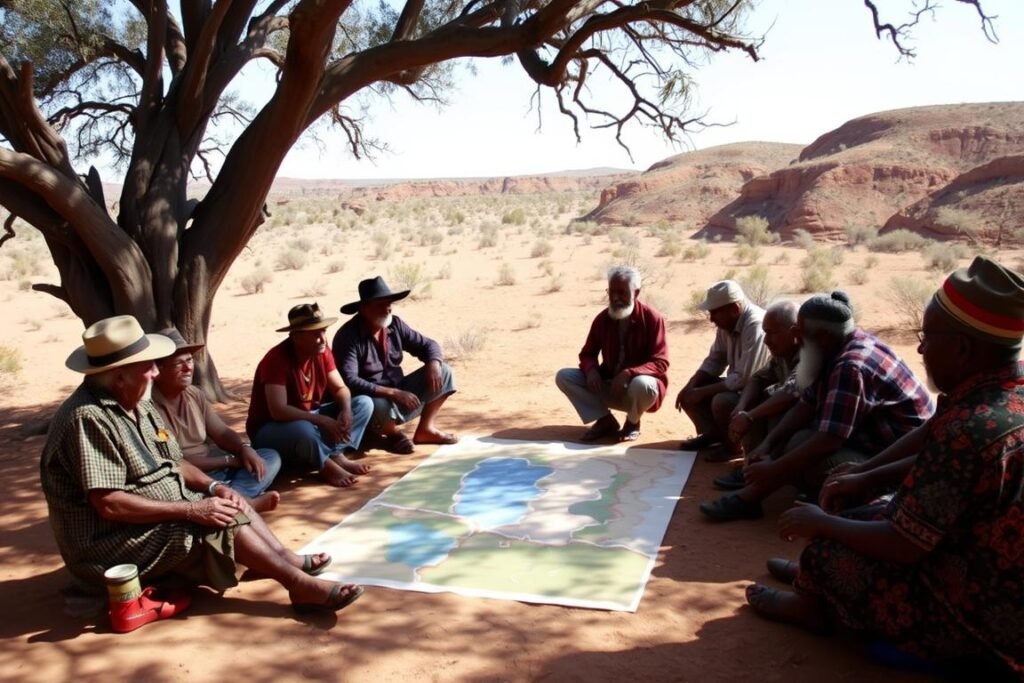 Council of Aboriginal elders discussing traditional land boundaries in Western Australia