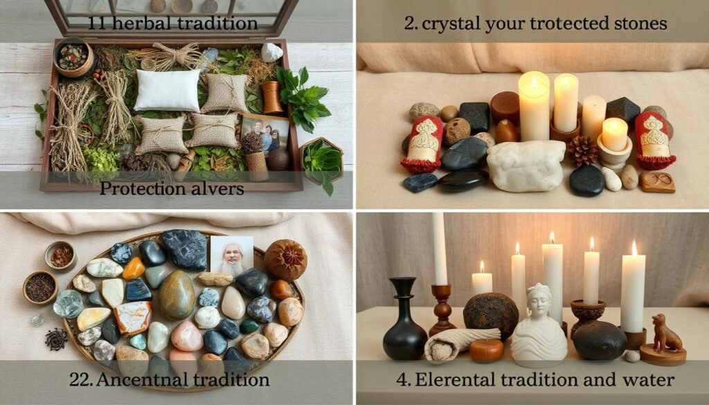 Different spiritual traditions' protection altars side by side