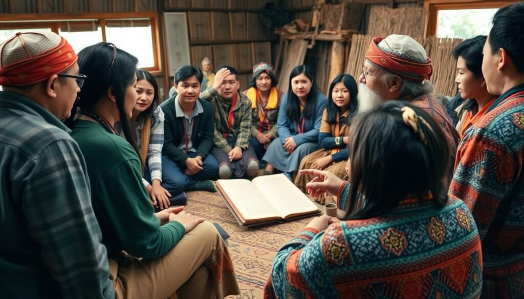 Diverse group of people learning about cultural spiritual rituals from an elder