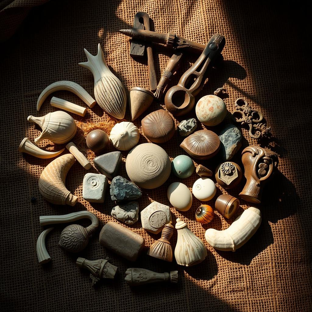 Divination tools used by witch doctors including bones, shells and sacred objects
