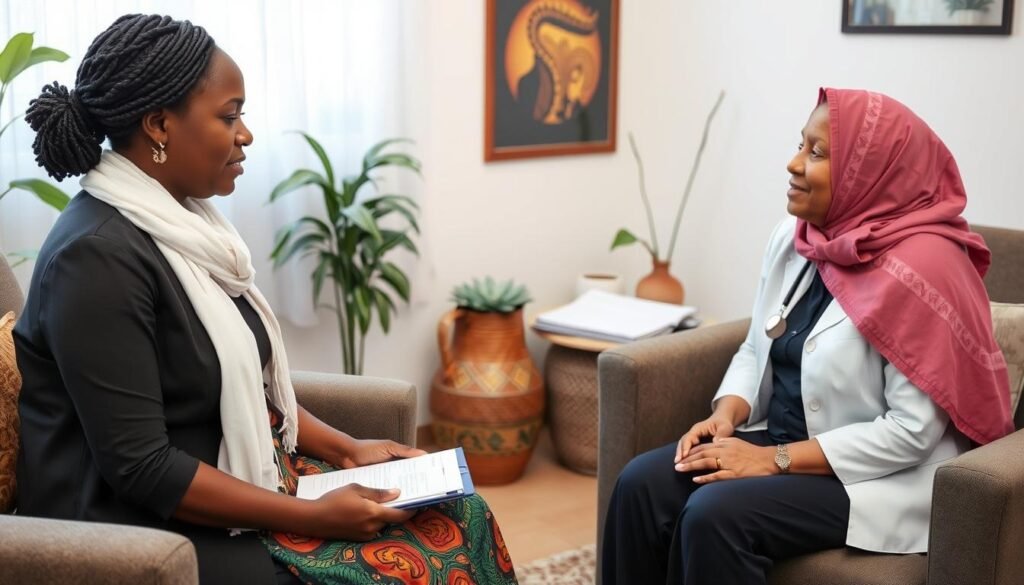 Dr Kabonge consulting with a client about holistic health approaches