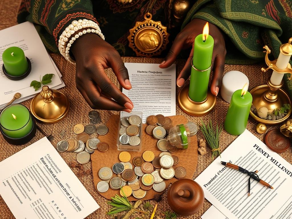 Dr Kabonge performing a prosperity ritual with traditional symbols and materials