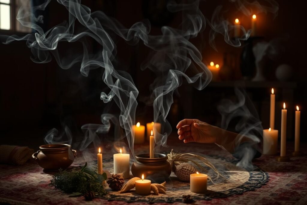 Dr Kabonge performing a spiritual cleansing ritual with smoke, herbs and protective elements