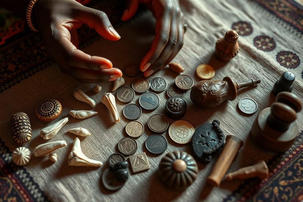 Dr Kabonge performing a traditional divination ritual with ancestral tools