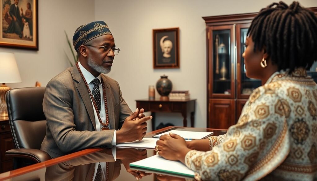Dr Kabonge providing consultation to a client in a respectful, professional setting