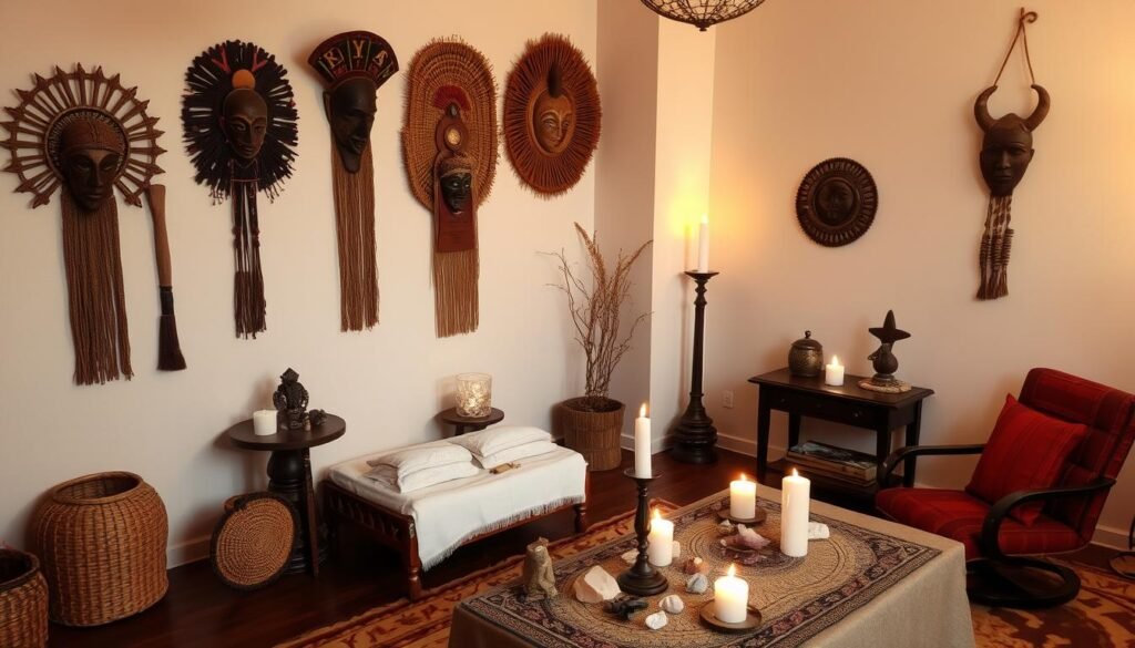 Dr Kabonge's consultation space with traditional African artifacts, divination tools, and healing materials