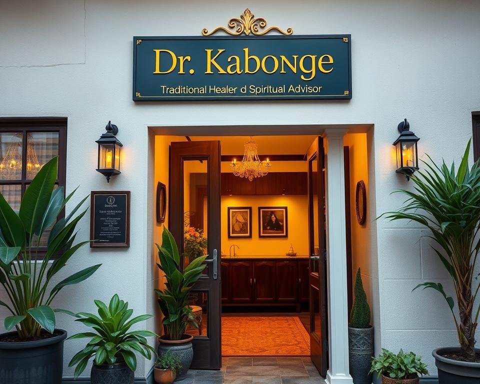 Dr Kabonge's office entrance with traditional and modern elements welcoming visitors