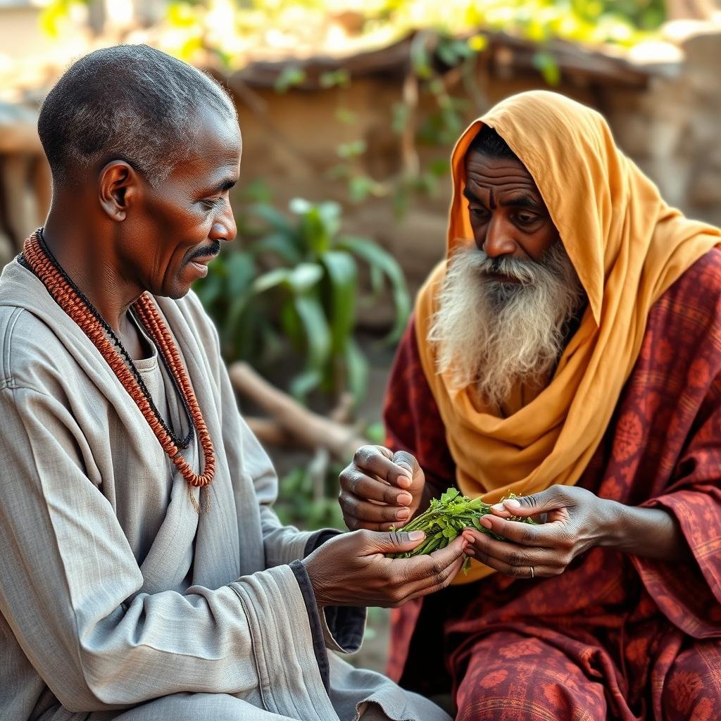 Elder Sudanese spell caster teaching younger apprentice traditional methods
