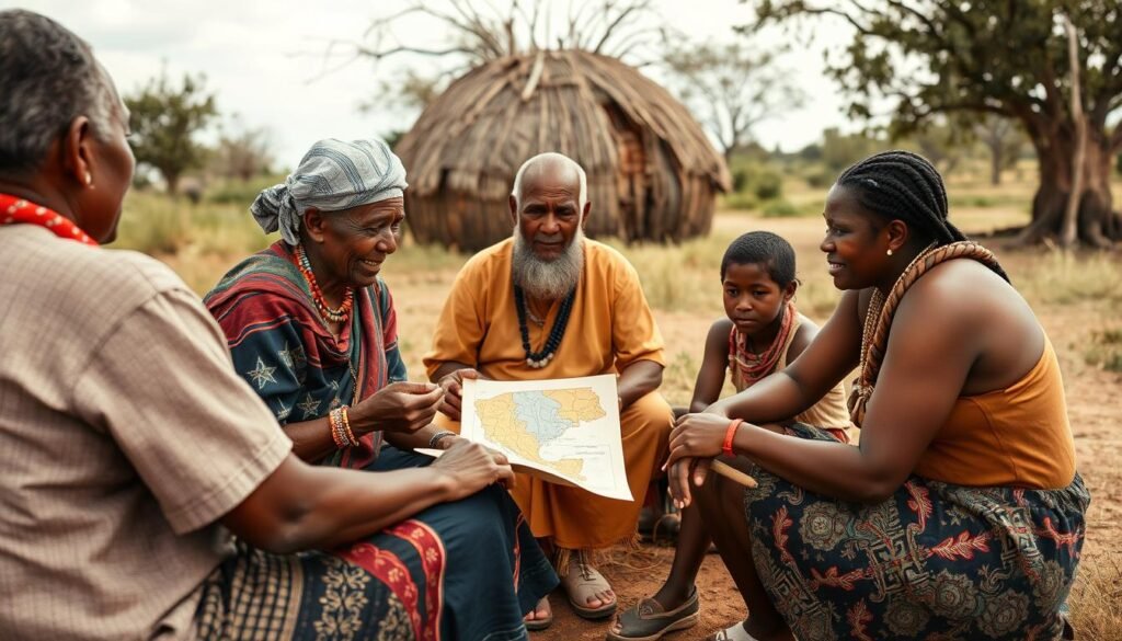 Elders and youth discussing traditional land dispute resolution methods in Australia