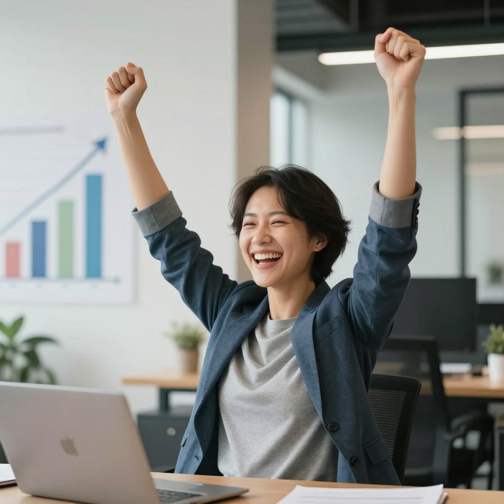 Entrepreneur celebrating business success and growth achievements