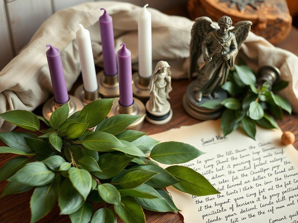 European folk magic tools for Court Cases Solving Spell including bay leaves and candles