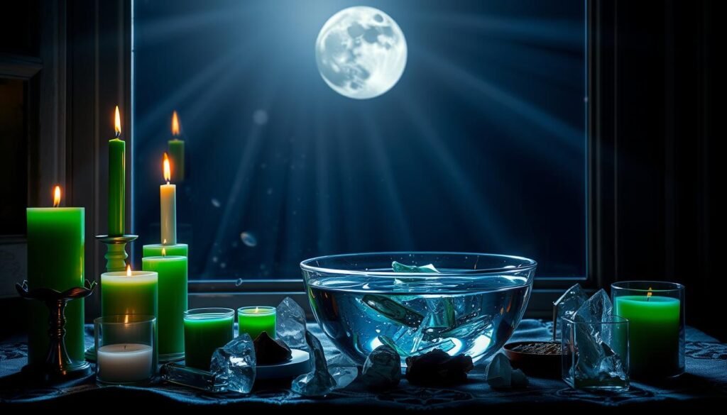 Full moon money manifestation ritual setup with candles, crystals and money symbols