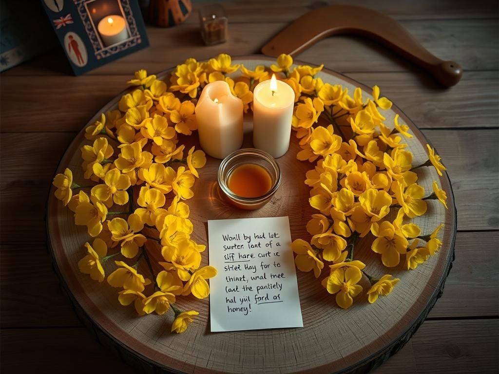 Golden Wattle Attraction Ritual setup with yellow wattle flowers arranged in a heart shape around candles for a Love Spell to Return your Ex in Australia