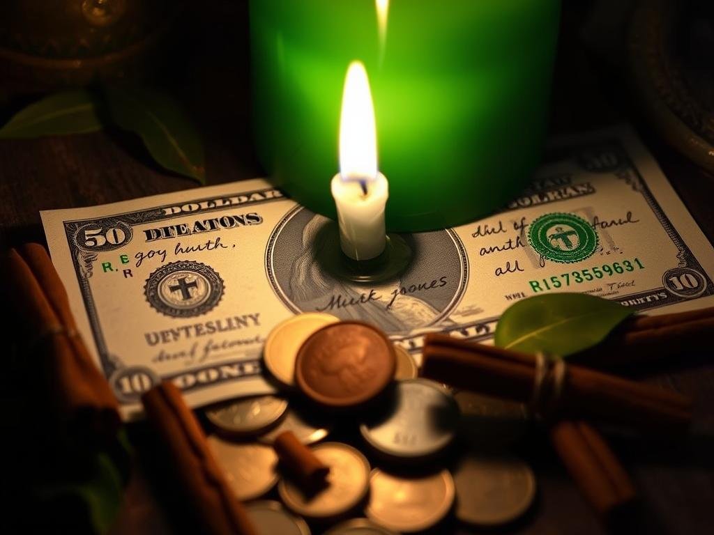 Green candle money spell setup with dollar bill and written intention