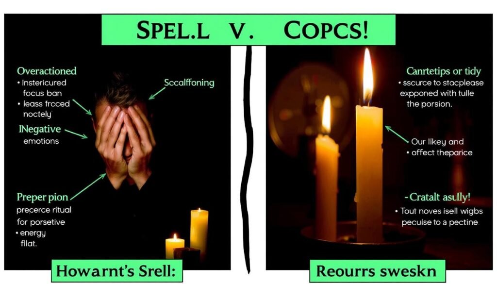 Illustration showing common mistakes in money spell casting with correct alternatives